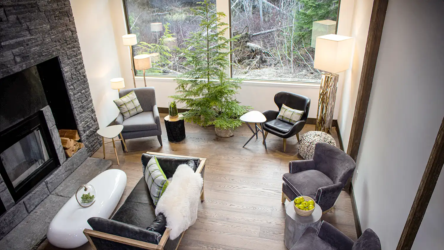 Cozy condo lounge with fireplace