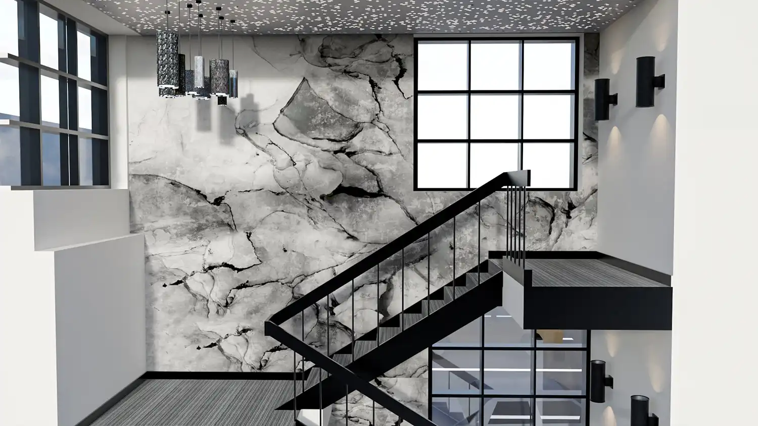 black metal staircase with marble wall
